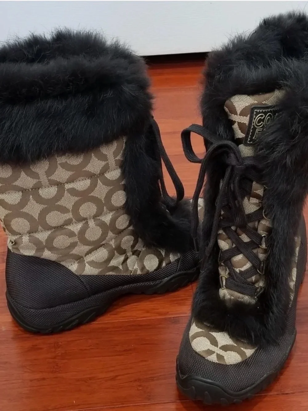 Coach Brown Signature Monogram Winter Boots with Black Fur Trim